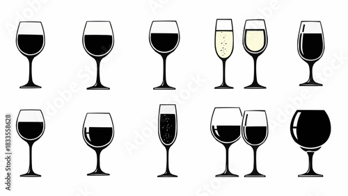 Collection of various wine and champagne glasses filled with beverages.