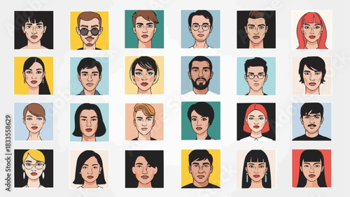 Diverse Collection of People Avatars in a Grid Layout.
