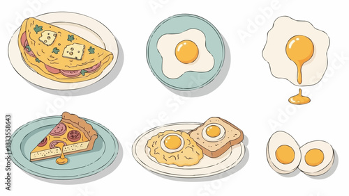 Various delicious breakfast dishes on plates, including eggs and pizza.