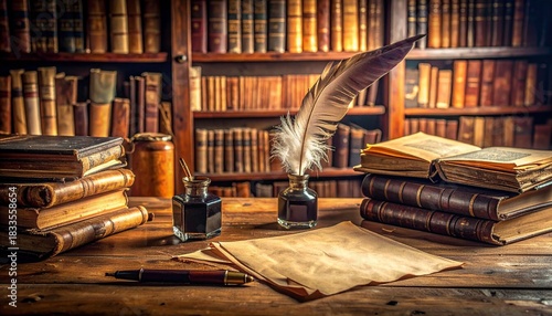 A vintage library scene featuring an antique wooden desk with parchment papers, an inkwell, and a quill feather pen.