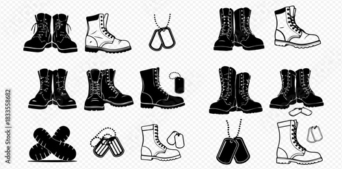 Collection of military boots and dog tags in various styles, including solid black and outline illustrations, suitable for army and veteran themes.