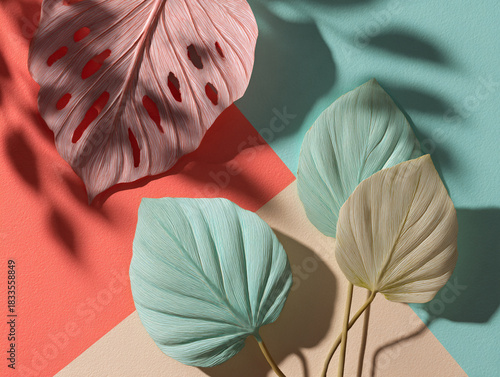 Realistic image painted tropical leaves bright daylight shadows pastel backgrounds