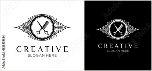 A barber shop logo design featuring scissors and comb inside a decorative oval frame, with the word "CREATIVE".