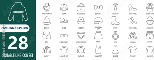 Editable line icon set featuring 28 essential clothing and fashion items, perfect for modern e-commerce and UI/UX design.
