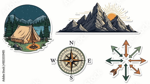 Camping, Mountains, Compass, and Arrows Sticker Set for Outdoor Adventures.