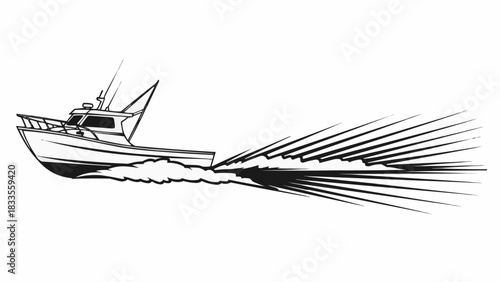 Fishing boat speeding across the water creating a wake illustration.