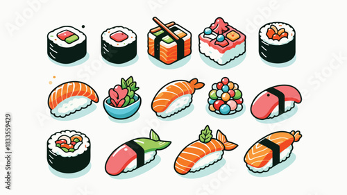 Colorful Cartoon Sushi Set – Cute Japanese Food Icons and Nigiri Illustrations