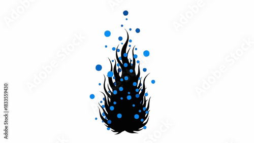 Abstract Black Flame with Blue Orbs and Particles on White Background.