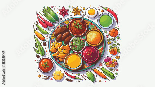 Colorful Indian Thali Illustration – Traditional Curry, Chutney and Spice Platter