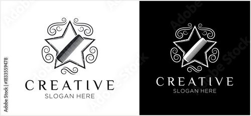 Elegant star and comb logo design with decorative swirls, presented in both light and dark versions for a creative brand identity.