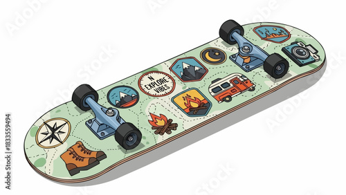 A detailed illustration of a fingerboard with outdoor adventure stickers.