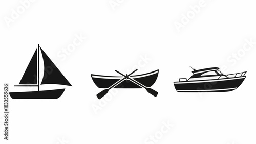 Collection of various boat types including sailboat, rowboat, and motorboat.