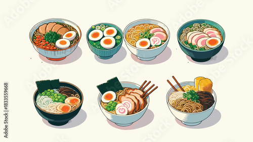 Detailed Japanese Ramen and Noodle Bowls Set