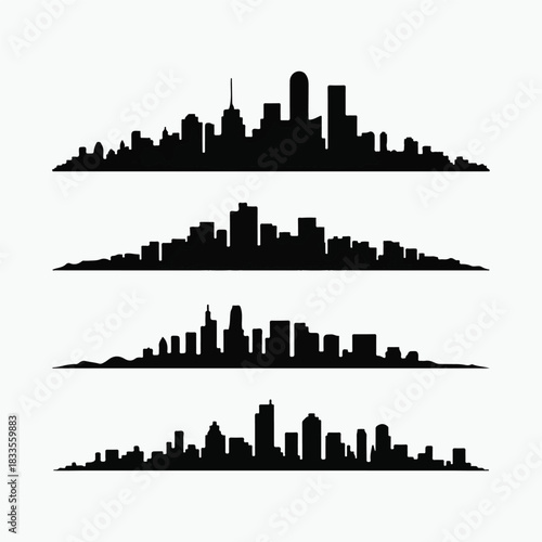 Four black city skyline silhouettes against white background cityscape urban.