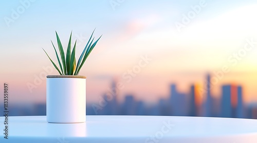 A vibrant green potted plant with a minimalist design overlooking a soft, blurred city skyline at
