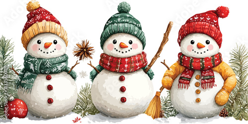 A snowman standing beside a Christmas tree on a festive red background