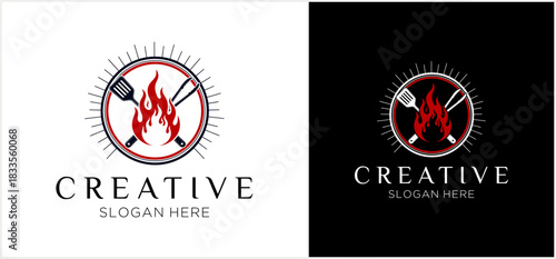 Logo design featuring a spatula and chopsticks crossed over a flame, encircled with radiating lines.