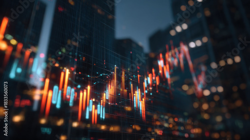 City skyline with glowing financial chart and candlestick graph overlay showing dynamic market movement and vibrant night light reflection