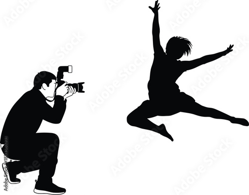 Black silhouette vector illustration of a professional photographer on one knee taking a picture of a person jumping high in the air, capturing movement and action, isolated on white background