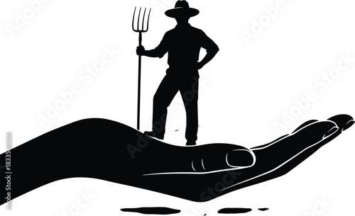 Black silhouette vector illustration of a farmer with a hat and pitchfork standing triumphantly on the palm of a giant human hand, symbolizing support and agriculture, isolated on white