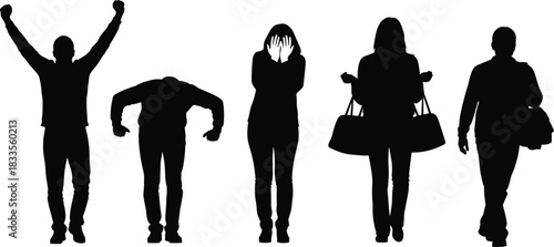 Black silhouette vector illustration of five different people expressing various emotions and actions, including victory, defeat, sorrow, travel, and casual walking, isolated on white background