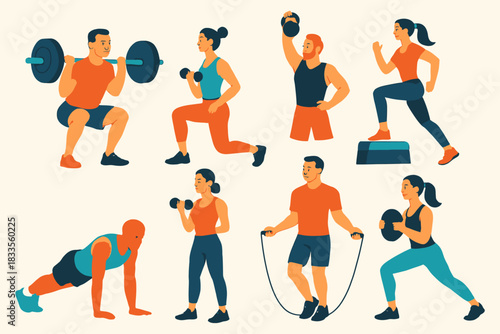Diverse Group of People Engaged in Various Fitness and Workout Activities.