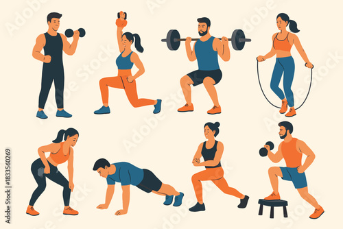 Diverse Group of People Engaging in Various Fitness and Workout Activities.