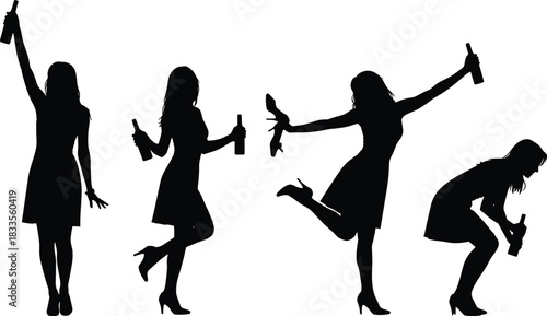 Black silhouette vector illustration set of four young women in short dresses holding bottles and celebrating or dancing happily, expressing party and fun, isolated on white background