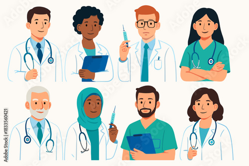 Diverse medical professionals in various roles and attire, ready to assist patients.