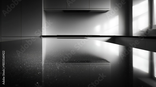 countertop. A clean and reflective black kitchen countertop, presenting a minimalist and abstract domestic scene. lifestyle magazines.