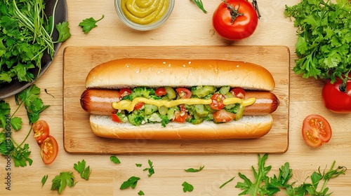 streetfood. A classic hot dog with mustard and relish, presented on a wooden board with soft lighting. menu design, packaging mockups, designed for food delivery and cloud-kitchen brand materials.
