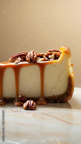 A creamy cheesecake slice on a marble surface, topped with caramel drizzle and crushed pecans.