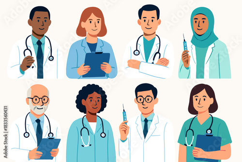 Diverse Group of Medical Professionals Representing Various Backgrounds and Specialties.