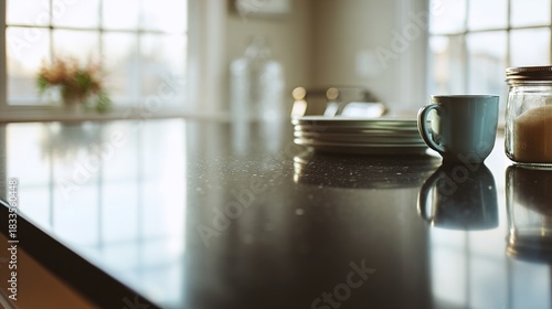 countertop. A clean and reflective black kitchen countertop, presenting a minimalist and abstract domestic scene. lifestyle magazines.