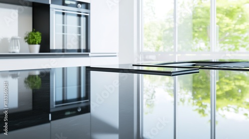 countertop. A clean and reflective black kitchen countertop, presenting a minimalist and abstract domestic scene. lifestyle magazines.