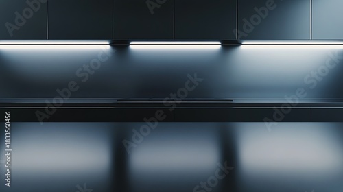 countertop. A clean and reflective black kitchen countertop, presenting a minimalist and abstract domestic scene. lifestyle magazines.