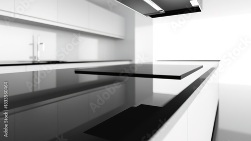 countertop. A clean and reflective black kitchen countertop, presenting a minimalist and abstract domestic scene. lifestyle magazines.