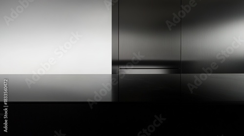 countertop. A clean and reflective black kitchen countertop, presenting a minimalist and abstract domestic scene. lifestyle magazines.