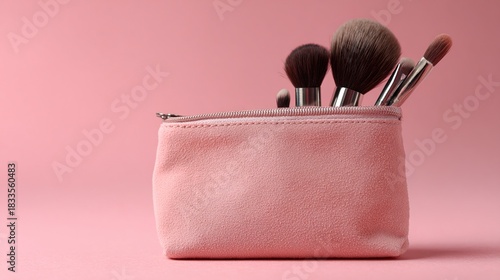 bronzer. Cosmetic bag closeup against soft pink backdrop with even illumination, lifestyle magazines, social media lookbooks, designed for influencer and brand collaborations.