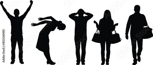 Black silhouette vector set of five different people expressing diverse emotions and actions, including cheering, bending over, stress, traveling, and casual walking, isolated on white background