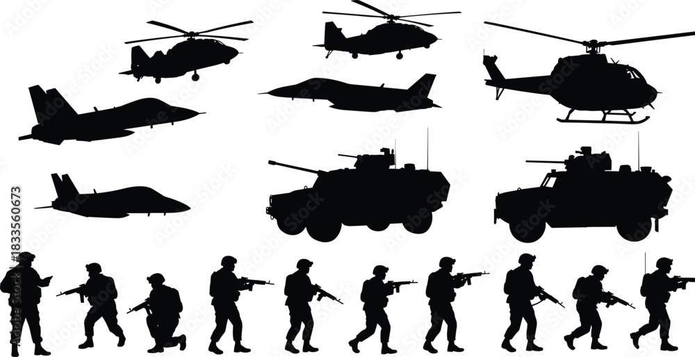 Naklejka premium Black silhouettes of military helicopters fighter jets armored vehicles and soldiers vector