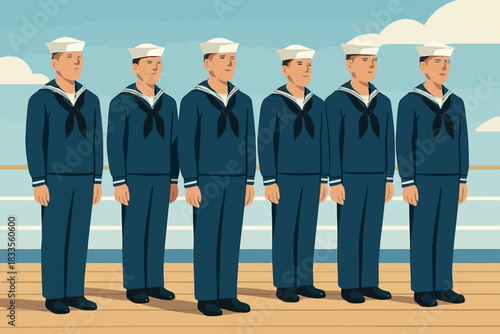 Five sailors in uniform standing in a line on a ship deck.