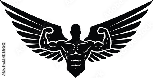 Black silhouette of muscular man with wings flexing biceps bodybuilding fitness