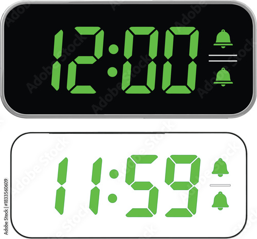 Modern Digital Clock Vector Illustration with Bright Green Numbers on Black and White Screens Showing Time Change at Midnight
