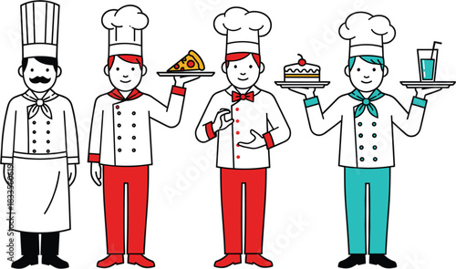Set of Four Cheerful Professional Chefs in Toques and Uniforms Holding Delicious Dishes Including Pizza Cake and a Refreshing Drink