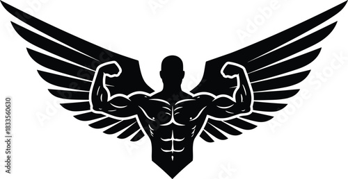 Black silhouette of muscular man with wings flexing biceps bodybuilding