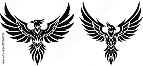 Set of Two Majestic Phoenix Bird Vector Logos in Black with Spread Wings and Intricate Tribal Celtic Style Patterns Symbolizing Rebirth and Power