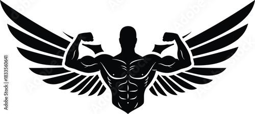 Black silhouette of muscular man with wings flexing biceps muscle man black and white