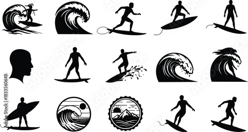 Black silhouette surfers riding waves and ocean scenes on white background surfing