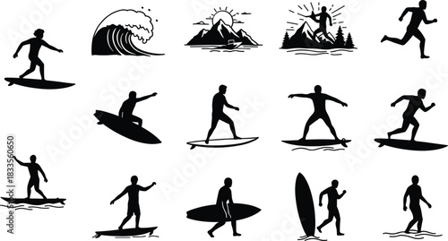 Black silhouette surfers riding waves and running on surfboards with mountains and sun surfing ocean
